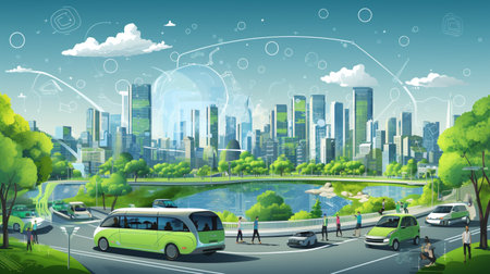 Smart city Futuristic cityscape with light trails connect with wave line creative design, big data connection technology concept, Digital skyline.の素材