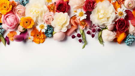 Colorful flower arranged on white background, Copy Space.の素材