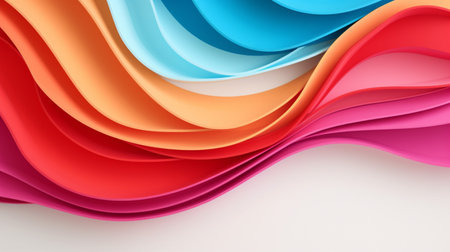Colorful paper waves on white background, abstract papercut design, copy space.の素材