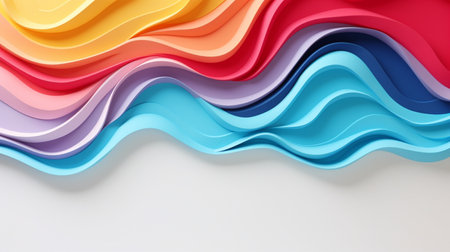Colorful paper waves on white background, abstract papercut design, copy space.の素材