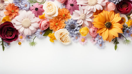 Colorful flower arranged on white background, Copy Space.の素材