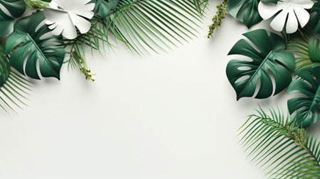 Tropical frame with green palm leaves Design on background, Copy space, Summer background.の素材