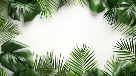 Tropical frame with green palm leaves Design on background, Copy space, Summer background.の素材
