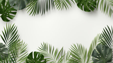 Tropical frame with green palm leaves Design on background, Copy space, Summer background.の素材