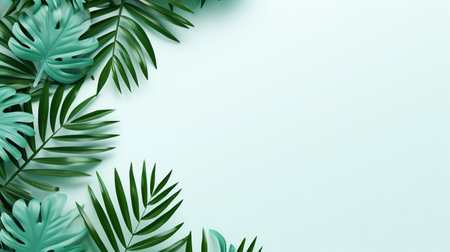 Tropical frame with green palm leaves Design on background, Copy space, Summer background.の素材