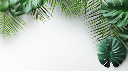 Tropical frame with green palm leaves Design on background, Copy space, Summer background.の素材