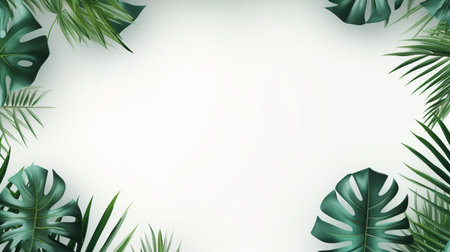 Tropical frame with green palm leaves Design on background, Copy space, Summer background.の素材