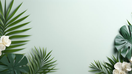 Tropical frame with green palm leaves Design on background, Copy space, Summer background.の素材