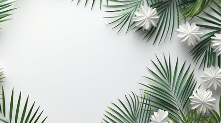 Tropical frame with green palm leaves Design on background, Copy space, Summer background.の素材