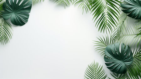 Tropical frame with green palm leaves Design on background, Copy space, Summer background.の素材