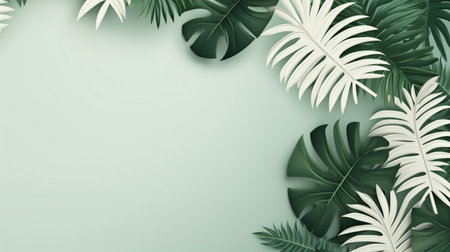 Tropical frame with green palm leaves Design on background, Copy space, Summer background.の素材