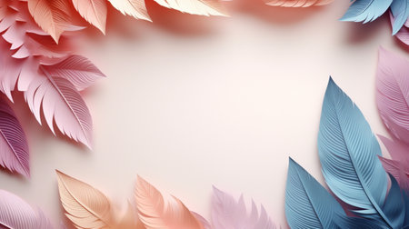 Pastel colorful feather on background, abstract papercut design, copy space.の素材