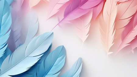 Pastel colorful feather on background, abstract papercut design, copy space.の素材