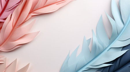 Pastel colorful feather on background, abstract papercut design, copy space.の素材