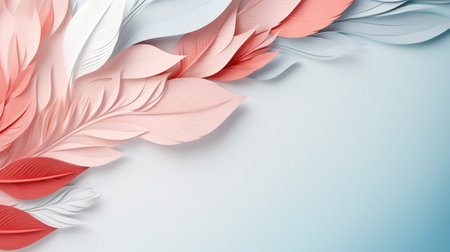 Pastel colorful feather on background, abstract papercut design, copy space.の素材