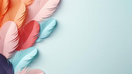 Pastel colorful feather on background, abstract papercut design, copy space.の素材