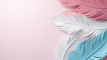 Pastel colorful feather on background, abstract papercut design, copy space.の素材