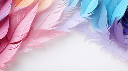 Pastel colorful feather on background, abstract papercut design, copy space.の素材