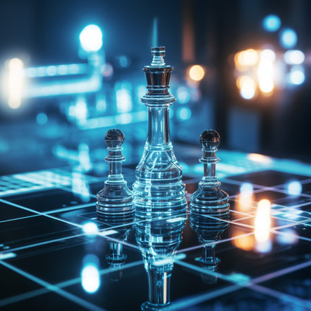 Close-up of a game of chess technology design display Business Management Performance and Financial Flows, strategy board game, problem solving.の素材
