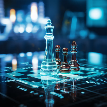 Close-up of a game of chess technology design display Business Management Performance and Financial Flows, strategy board game, problem solving.の素材