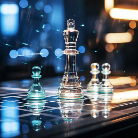 Close-up of a game of chess technology design display Business Management Performance and Financial Flows, strategy board game, problem solving.の素材