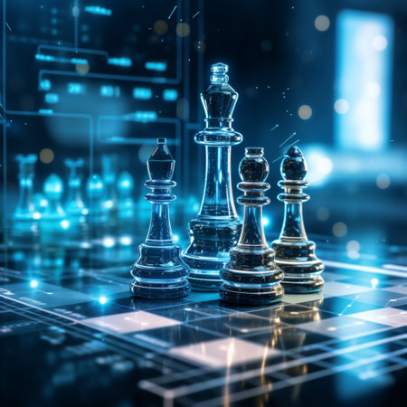 Close-up of a game of chess technology design display Business Management Performance and Financial Flows, strategy board game, problem solving.の素材