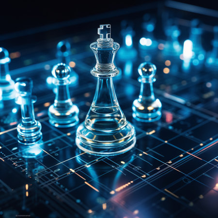 Close-up of a game of chess technology design display Business Management Performance and Financial Flows, strategy board game, problem solving.の素材