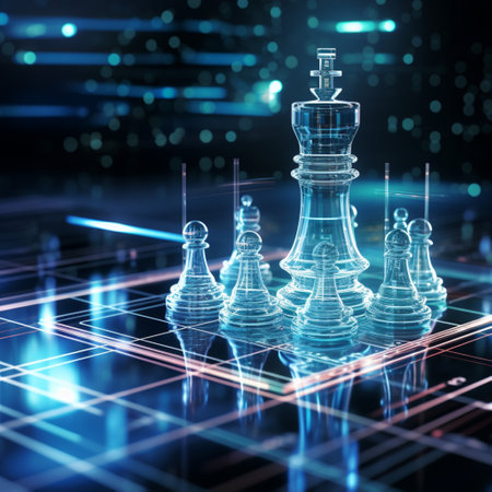 Close-up of a game of chess technology design display Business Management Performance and Financial Flows, strategy board game, problem solving.の素材