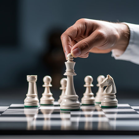 Hand of businessman playing a game of chess, strategy board game, problem solving, Risk management.の素材