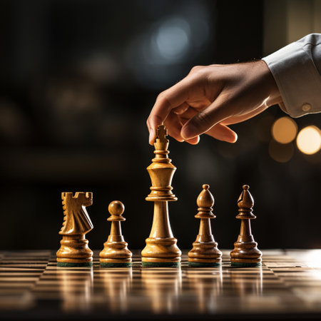 Hand of businessman playing a game of chess, strategy board game, problem solving, Risk management.の素材
