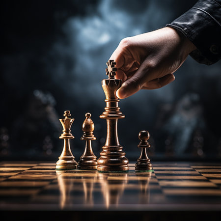 Hand of businessman playing a game of chess, strategy board game, problem solving, Risk management.の素材