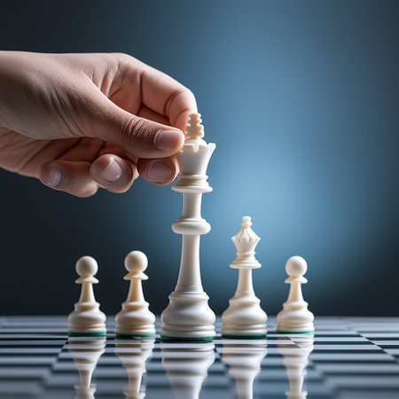 Hand of businessman playing a game of chess, strategy board game, problem solving, Risk management.の素材