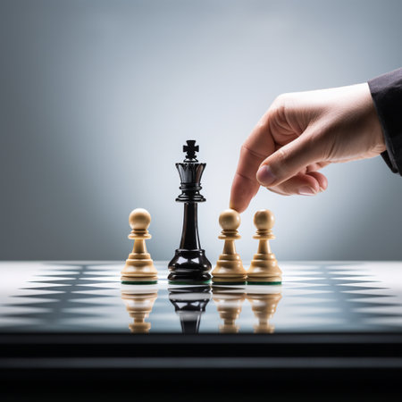 Hand of businessman playing a game of chess, strategy board game, problem solving, Risk management.の素材