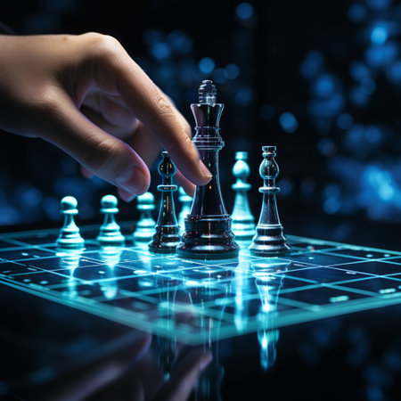 Close-up of a game of chess technology design display Business Management Performance and Financial Flows, strategy board game, problem solving.の素材