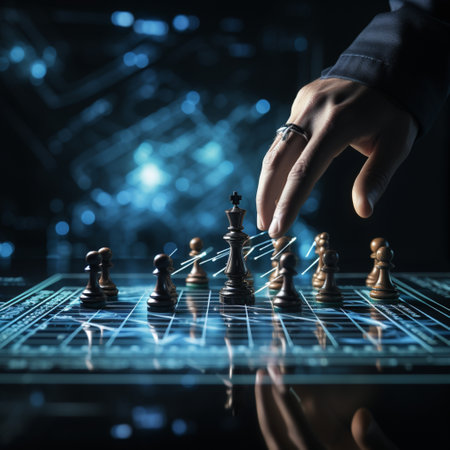 Close-up of a game of chess technology design display Business Management Performance and Financial Flows, strategy board game, problem solving.の素材