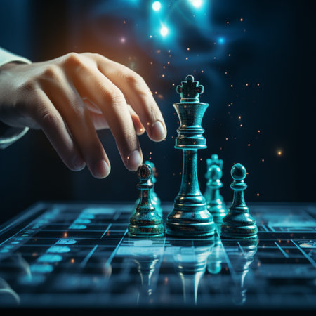 Close-up of a game of chess technology design display Business Management Performance and Financial Flows, strategy board game, problem solving.の素材