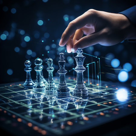 Close-up of a game of chess technology design display Business Management Performance and Financial Flows, strategy board game, problem solving.の素材
