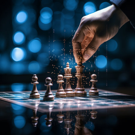 Close-up of a game of chess technology design display Business Management Performance and Financial Flows, strategy board game, problem solving.の素材