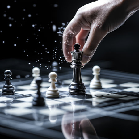 Close-up of a game of chess technology design display Business Management Performance and Financial Flows, strategy board game, problem solving.の素材