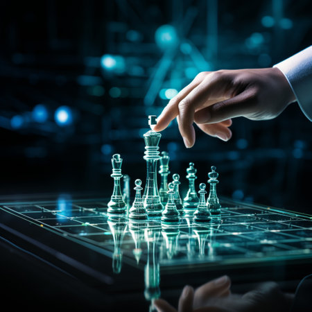 Close-up of a game of chess technology design display Business Management Performance and Financial Flows, strategy board game, problem solving.の素材