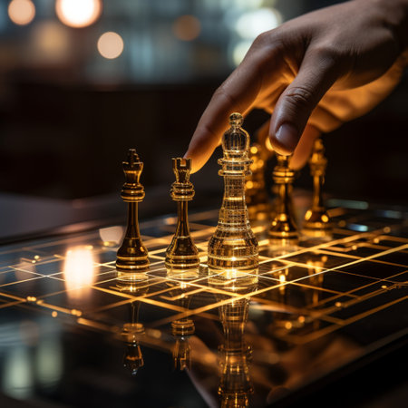 Close-up of a game of chess technology design display Business Management Performance and Financial Flows, strategy board game, problem solving.の素材
