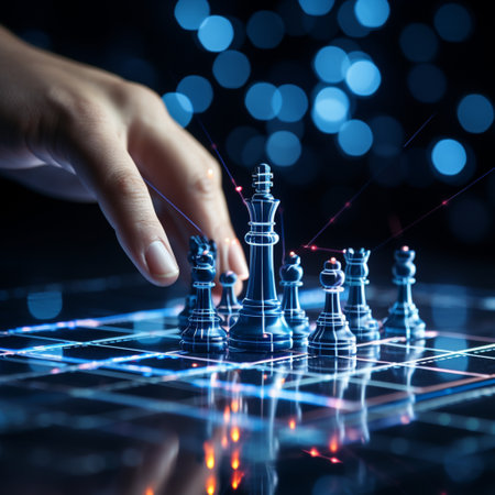 Close-up of a game of chess technology design display Business Management Performance and Financial Flows, strategy board game, problem solving.の素材