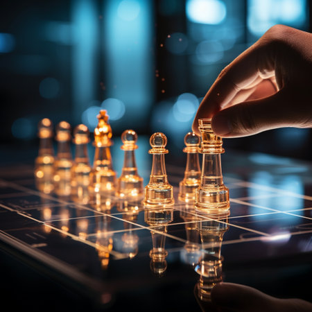 Close-up of a game of chess technology design display Business Management Performance and Financial Flows, strategy board game, problem solving.の素材