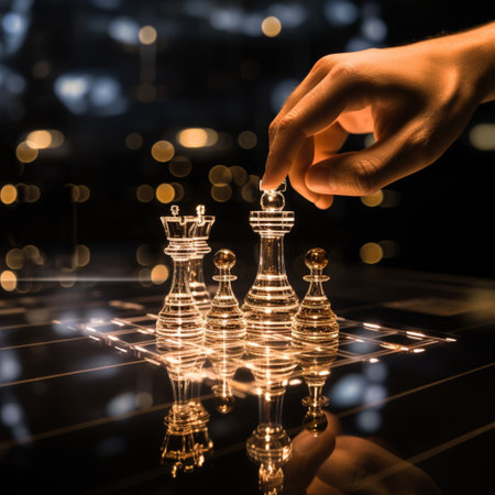 Close-up of a game of chess technology design display Business Management Performance and Financial Flows, strategy board game, problem solving.の素材