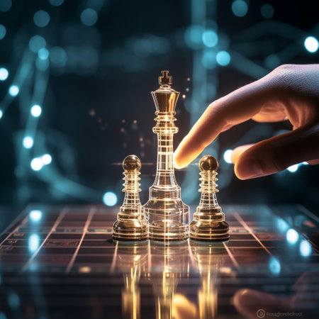 Close-up of a game of chess technology design display Business Management Performance and Financial Flows, strategy board game, problem solving.の素材