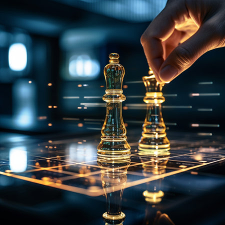 Close-up of a game of chess technology design display Business Management Performance and Financial Flows, strategy board game, problem solving.の素材