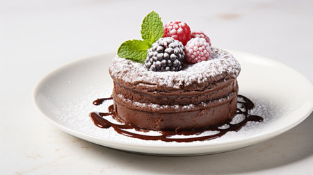 Luxury French dessert Chocolate souffle on plate, gourmand food.の素材