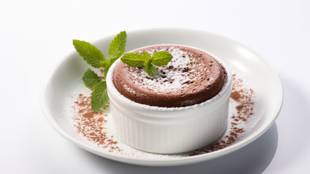 Luxury French dessert Chocolate souffle on plate, gourmand food.の素材