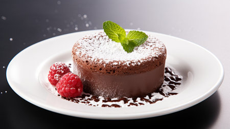 Luxury French dessert Chocolate souffle on plate, gourmand food.の素材