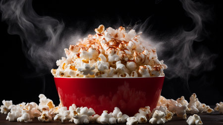 Salted hot Popcorn with smoke in bowl or bucket isolated on black backgroundの素材